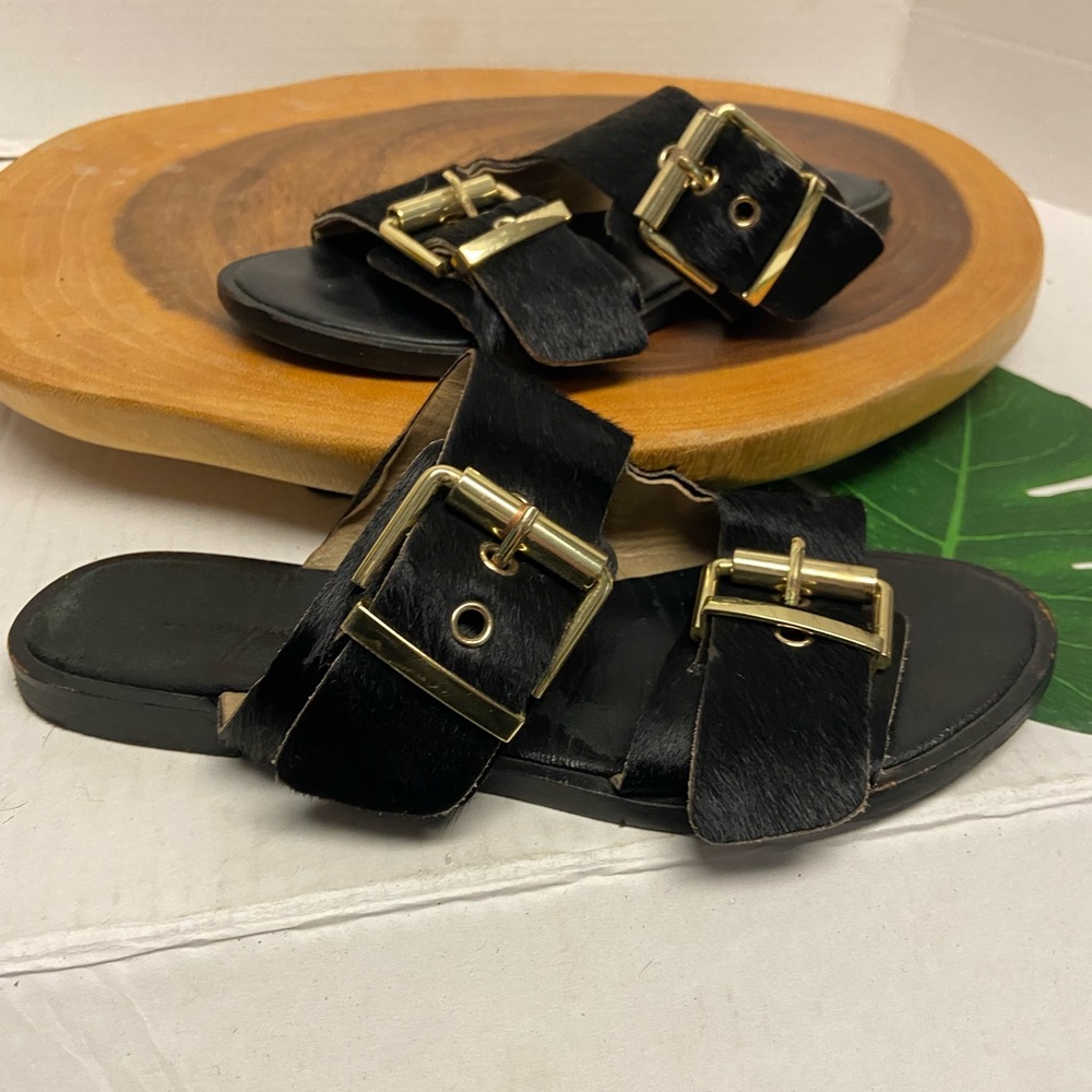 Country Road Cow Hide Dual Strap Buckled Slides Sandals